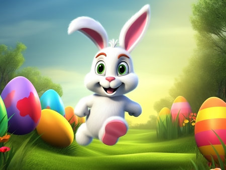 easter day poster, cute bunny character running smiling happily, decorated with scenery and easter eggs. generative aiの素材