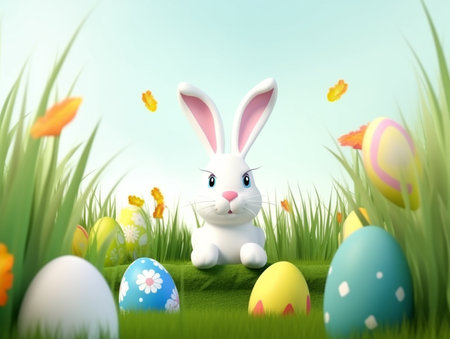 easter day poster, cute bunny character, decorated with scenery and easter eggs. generative aiの素材
