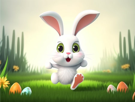 easter day poster, cute bunny character running smiling happily, decorated with scenery and easter eggs. generative aiの素材