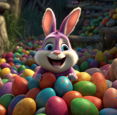 easter day poster, cute bunny character smiling happily sitting on a pile of colorful eggs, generative aiの素材