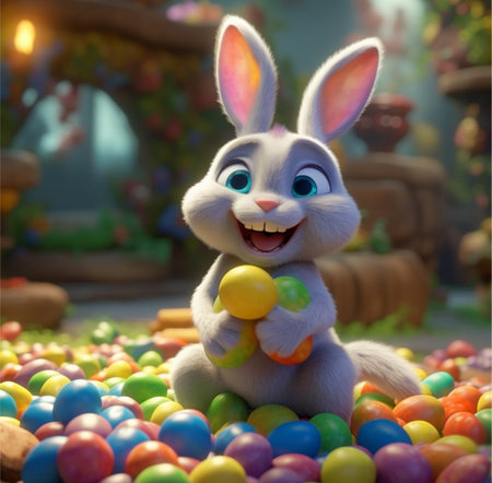 easter day poster, cute bunny character smiling happily sitting on a pile of colorful eggs and holding eggs, generative aiの素材