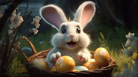 easter day poster, cute bunny smiles happily in a basket with easter eggs, generative aiの素材