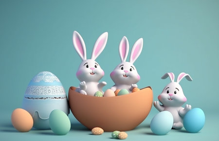 easter day poster, toy bunny and easter eggs. generative aiの素材