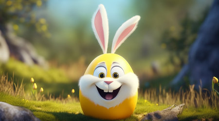 easter day poster, yellow egg character with bunny face, smiling happily. generative aiの素材