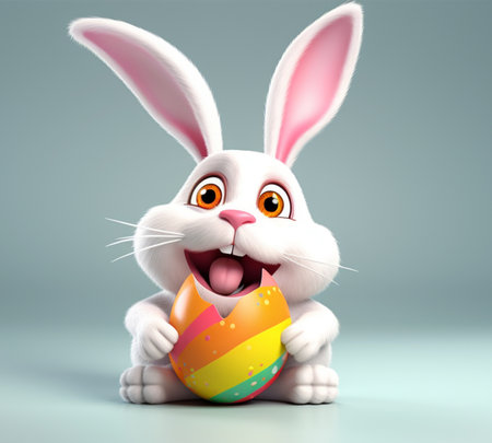 easter day poster, bunny character smiling happily, holding easter eggs. generative aiの素材