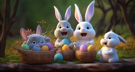 easter day poster, cute bunny family characters and easter eggs. generative aiの素材
