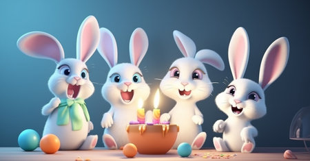 easter day poster, cute bunny character is celebrating a birthday. generative aiの素材