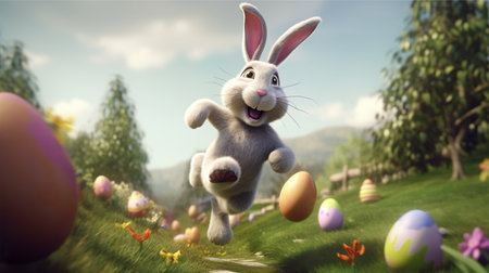 easter day poster, cute bunny character running smiling happily, decorated with scenery and easter eggs. generative aiの素材