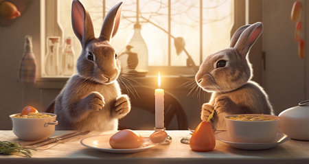 easter day poster, a pair of cute rabbits are celebrating a birthday. generative aiの素材