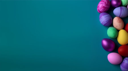 green background with copy space. easter day concept, colorful egg decoration, generative aiの素材