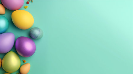 green background with copy space. easter day concept, colorful egg decoration, generative aiの素材
