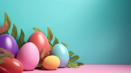 bright blue background with copy space. easter day concept, colorful egg and leaves decoration, generative aiの素材