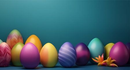 green background with copy space. easter day concept, colorful egg decoration, generative aiの素材