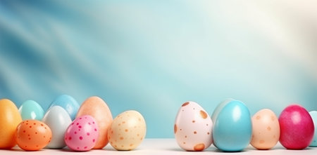 bright blue background with copy space. easter day concept, colorful egg decoration, generative aiの素材