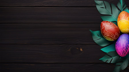 wooden background with copy space, easter day concept, egg pattern, spring leaves, generative aiの素材