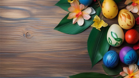 wooden background with copy space, easter day concept, egg pattern, spring leaves and flowers, generative aiの素材