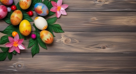 wooden background with copy space, easter day concept, egg pattern, spring leaves and flowers, generative aiの素材