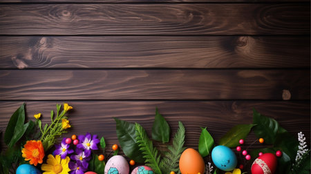 wooden background with copy space, easter day concept, egg pattern, spring leaves and flowers, generative aiの素材