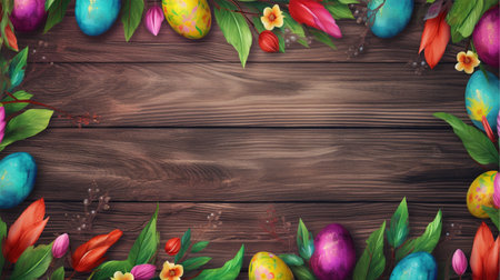 wooden background with copy space, easter day concept, egg pattern, spring leaves and flowers, generative aiの素材