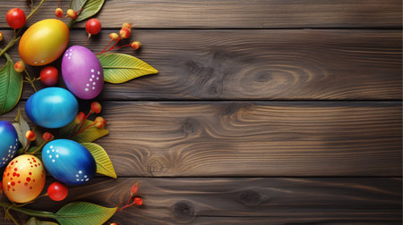 wooden background with copy space, easter day concept, egg pattern, spring leaves and flowers, generative aiの素材