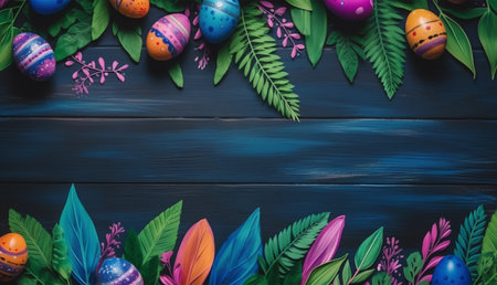 wooden background with copy space, easter day concept, egg pattern, spring leaves and flowers, generative aiの素材