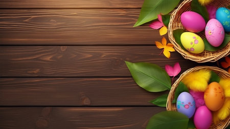 brown wooden background with copy space, easter day concept, generative aiの素材