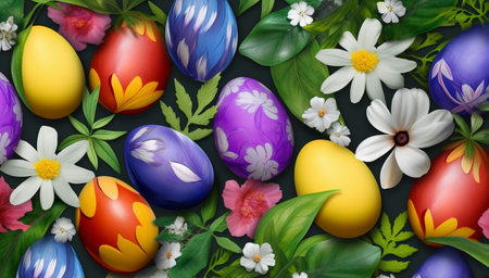 easter background, egg pattern, spring leaves and flowers, generative aiの素材