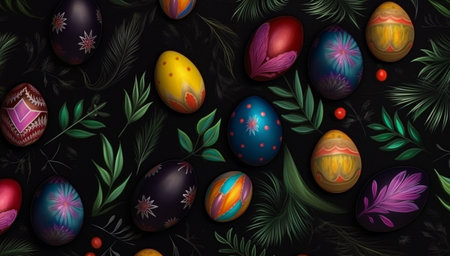 easter background, egg pattern, spring leaves and flowers, generative aiの素材