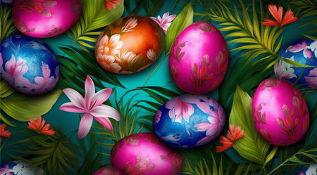 easter background, egg pattern, spring leaves and flowers, generative aiの素材