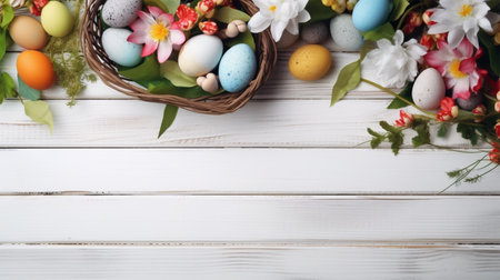 white wooden background with copy space, easter day concept, generative aiの素材