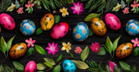 easter background, egg pattern, spring leaves and flowers, generative aiの素材