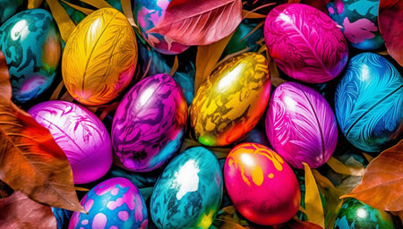 easter background, egg pattern, spring leaves and flowers, generative aiの素材