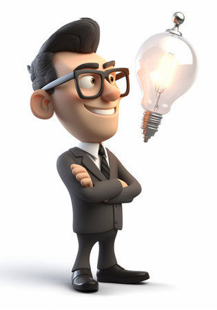 3D Illustration character, a smiling business man is thinking about an idea, with a light bulb icon symbol. generative aiの素材