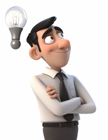 3D Illustration character, a smiling business man is thinking about an idea, with a light bulb icon symbol. generative aiの素材