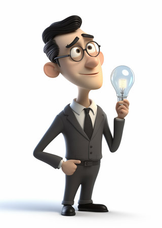 3D Illustration character, a smiling business man is thinking about an idea, with a light bulb icon symbol. generative aiの素材