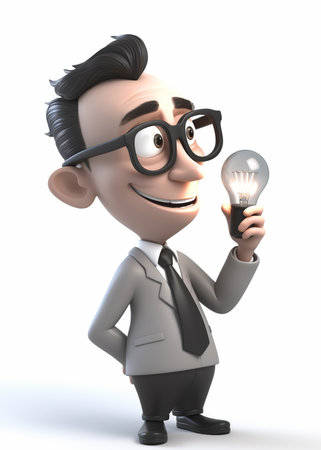 3D Illustration character, a smiling business man is thinking about an idea, with a light bulb icon symbol. generative aiの素材