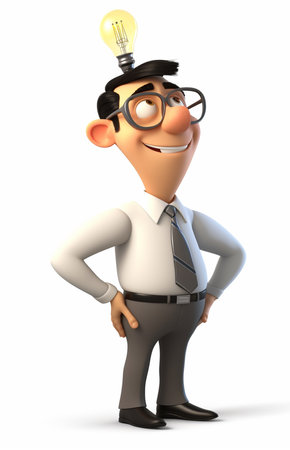 3D Illustration character, a smiling business man is thinking about an idea, with a light bulb icon symbol. generative aiの素材