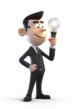 3D Illustration character, a smiling business man is thinking about an idea, with a light bulb icon symbol. generative aiの素材