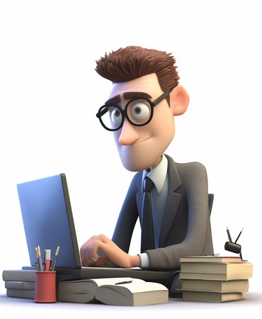 business character is busy working in front of laptop, key symbol of success, 3d illustration, generative aiの素材