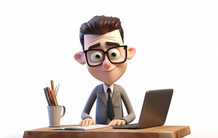 business character is busy working in front of laptop, key symbol of success, 3d illustration, generative aiの素材