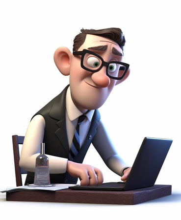 business character is busy working in front of laptop, key symbol of success, 3d illustration, generative aiの素材