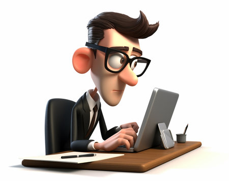 business character is busy working in front of laptop, key symbol of success, 3d illustration, generative aiの素材
