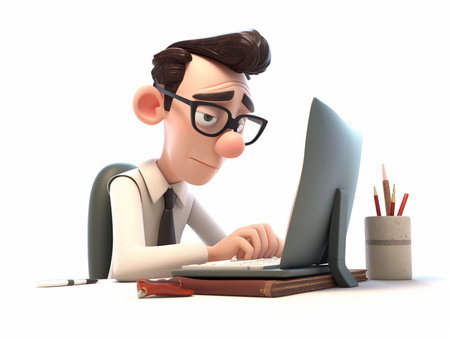 business character is busy working in front of laptop, key symbol of success, 3d illustration, generative aiの素材