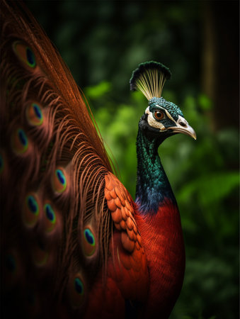 Detail portrait of beautiful red peacock, generative aiの素材