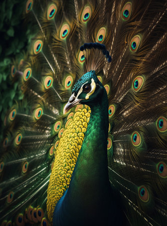 Detailed portrait of a beautiful peacock, generative aiの素材