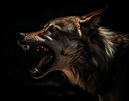 Detailed portrait of a roaring wolf face, on dark background, generative aiの素材