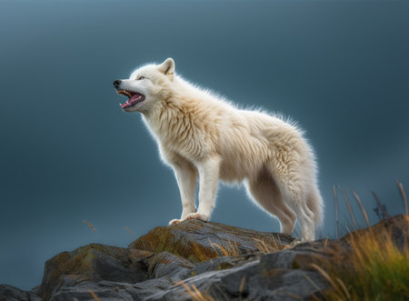 Beautiful portrait, view of white wolf on top of mountain, generative aiの素材