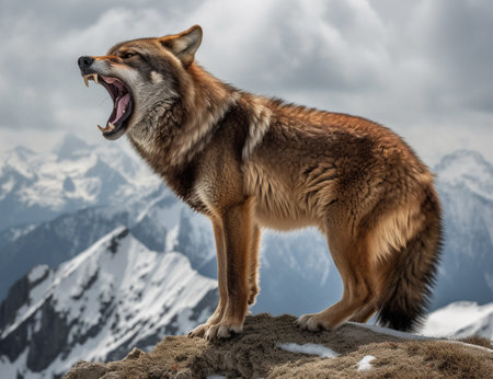 Scenic portrait of wolf roaring over mountain, generative aiの素材