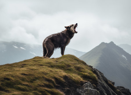 Scenic portrait of wolf roaring over mountain, generative aiの素材