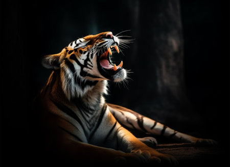 Detailed portrait of a roaring tiger, isolated on black background. generative aiの素材